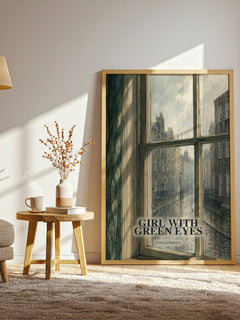 Girl With Green Eyes watercolour print in frame leaning in hallway – literary fiction wall art