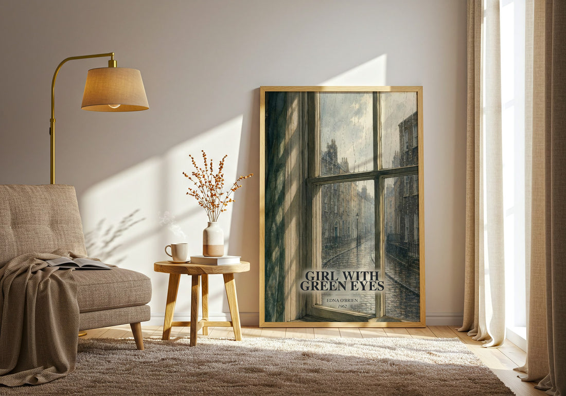 Girl With Green Eyes watercolour print in frame leaning in hallway – literary fiction wall art