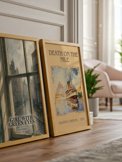 Girl With Green Eyes watercolour print framed by window – literary home decor