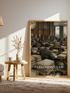 Parkinson's Law watercolour print in frame leaning in hallway – satire wall art