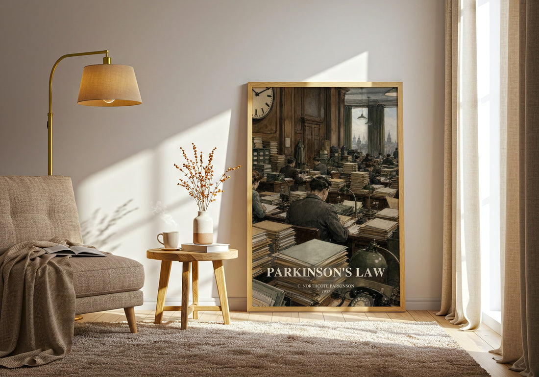 Parkinson's Law watercolour print in frame leaning in hallway – satire wall art