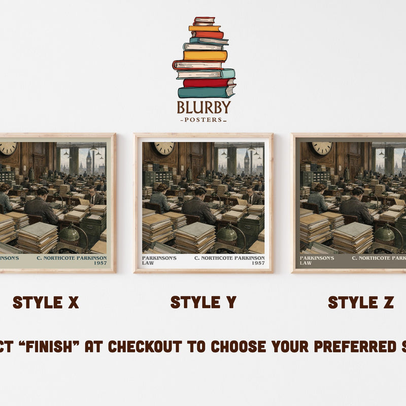 Parkinson's Law literary print in frame leaning in hallway – satire wall art