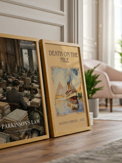 Parkinson's Law watercolour print framed by window – literary home decor