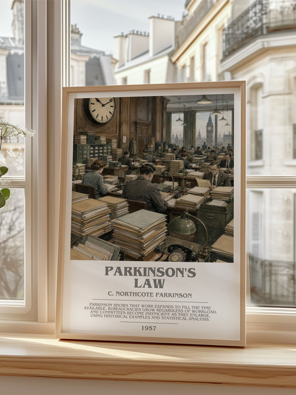 Parkinson's Law Bookish Wall Art by C. Northcote Parkinson – framed print by a bright window