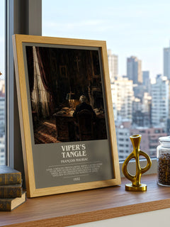 Viper’s Tangle Bookish Wall Art by François Mauriac – framed print on a city-view windowsill