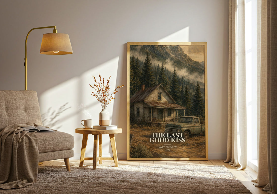 The Last Good Kiss watercolour print in frame leaning in hallway – crime wall art