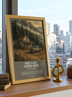 The Last Good Kiss Bookish Wall Art by James Crumley – framed print on a city-view windowsill