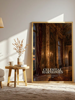 Celestial Harmonies watercolour print in frame leaning in hallway – literary fiction wall art