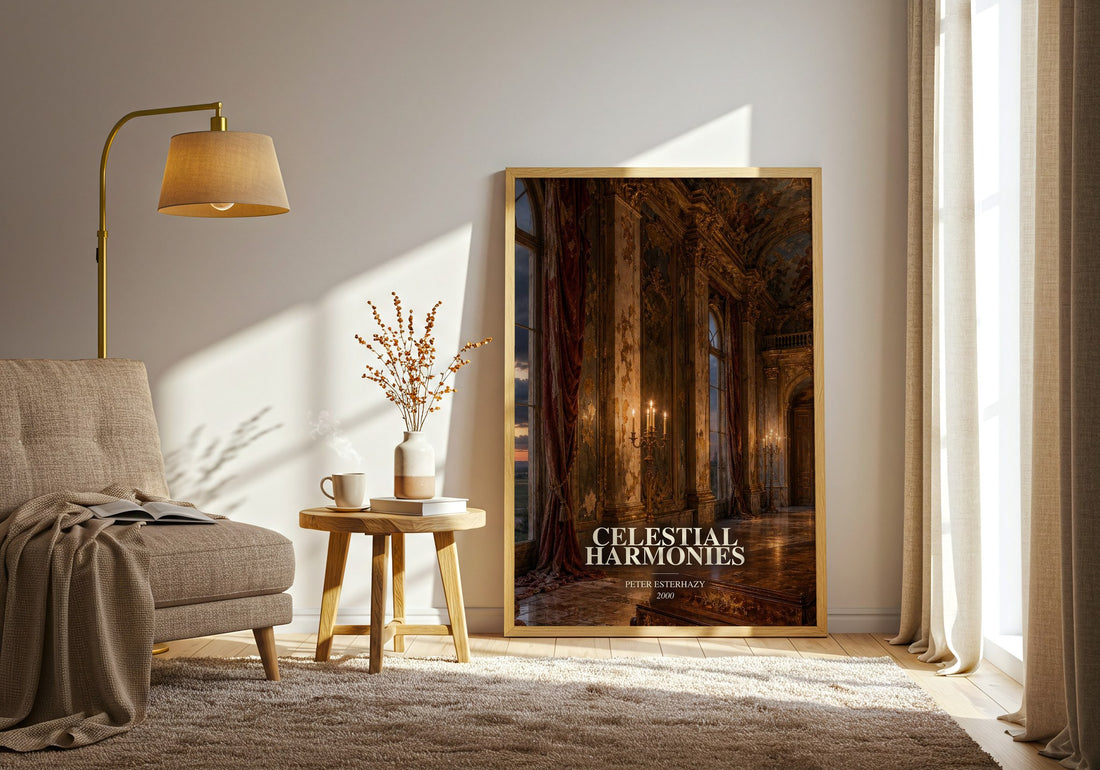 Celestial Harmonies watercolour print in frame leaning in hallway – literary fiction wall art
