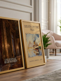Celestial Harmonies watercolour print framed by window – literary home decor