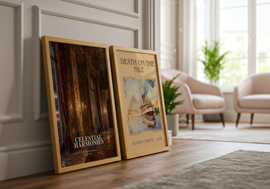 Celestial Harmonies watercolour print framed by window – literary home decor