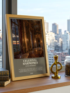 Celestial Harmonies Bookish Wall Art by Peter Esterhazy – framed print on a city-view windowsill