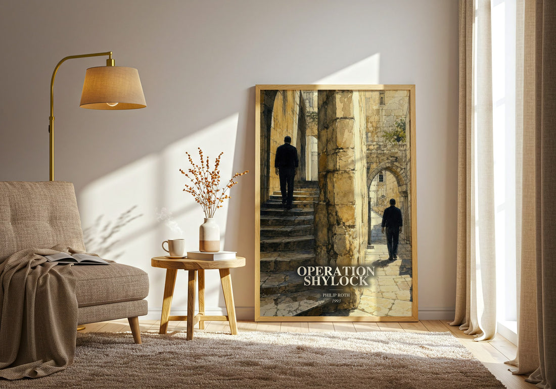 Operation Shylock watercolour print in frame leaning in hallway – literary fiction wall art