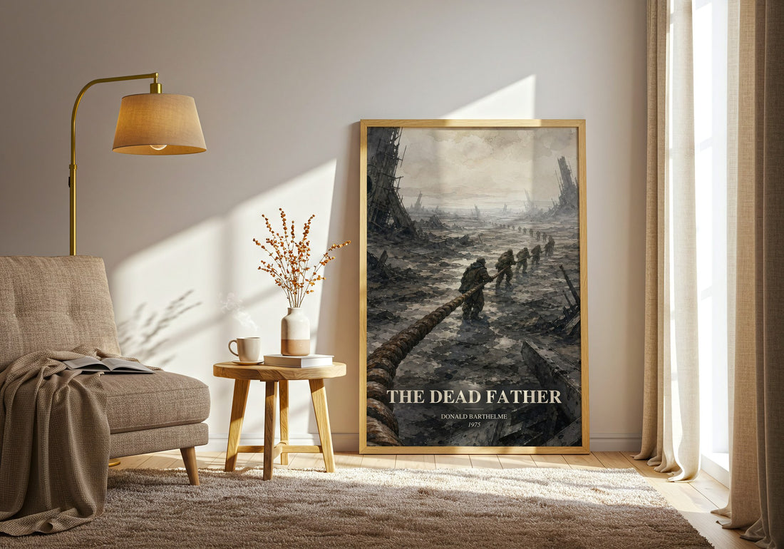 The Dead Father watercolour print in frame leaning in hallway – literary fiction wall art