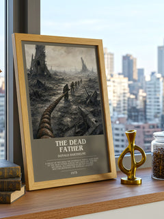 The Dead Father Bookish Wall Art by Donald Barthelme – framed print on a city-view windowsill