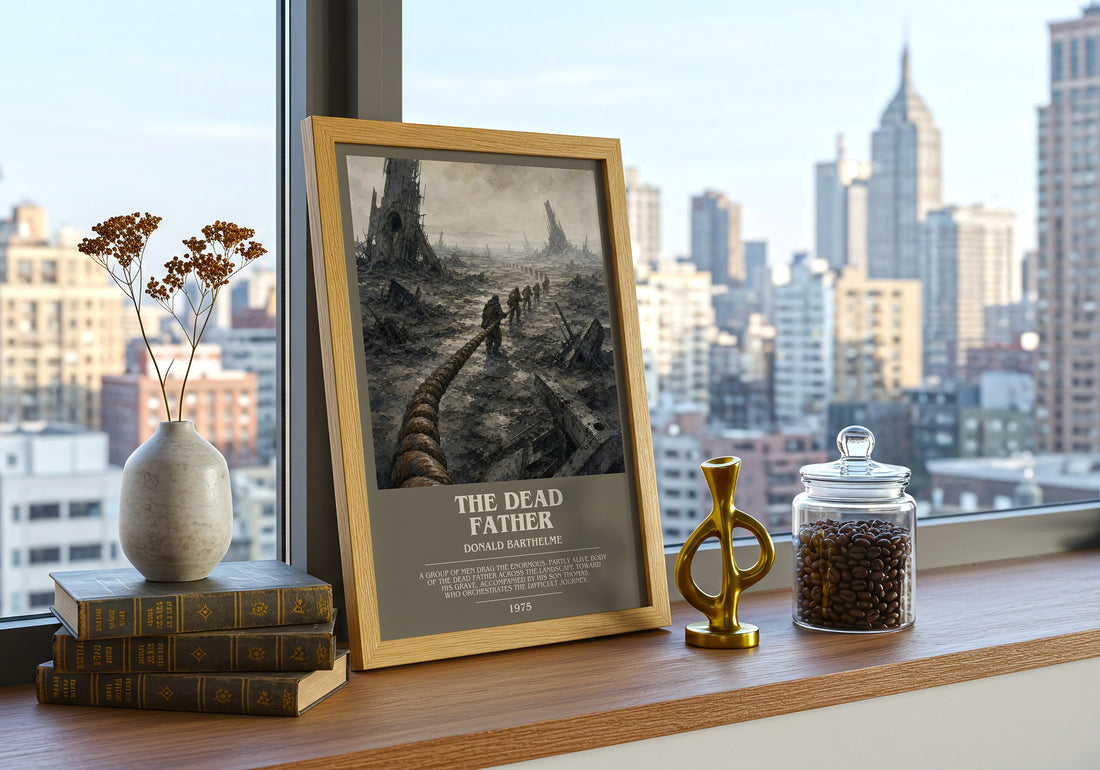 The Dead Father Bookish Wall Art by Donald Barthelme – framed print on a city-view windowsill