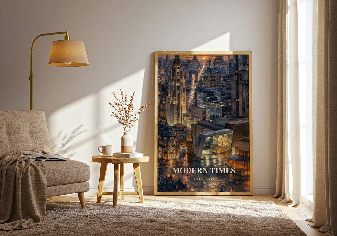 Modern Times watercolour print in frame leaning in hallway – non fiction wall art