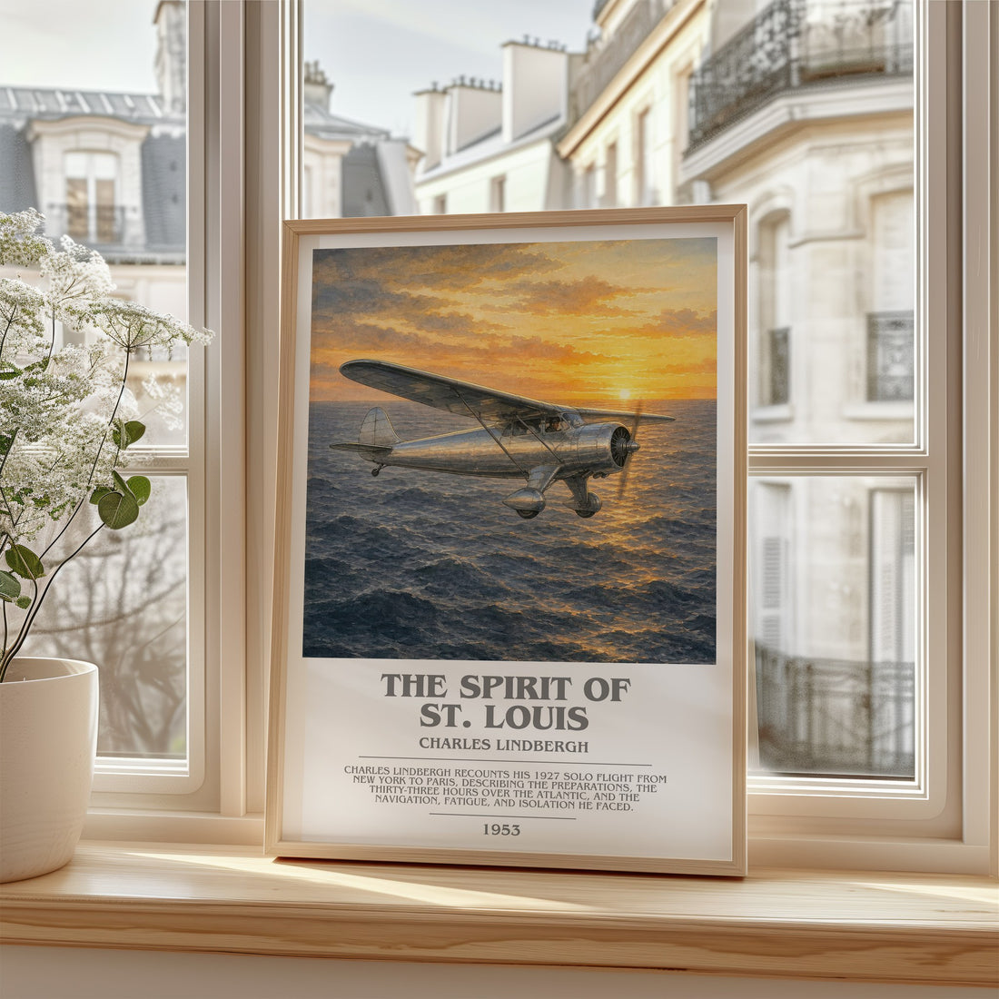 The Spirit of St. Louis Bookish Wall Art by Charles Lindbergh – framed print by a bright window