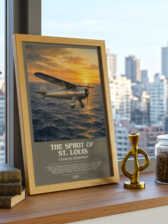 The Spirit of St. Louis Bookish Wall Art by Charles Lindbergh – framed print on a city-view windowsill