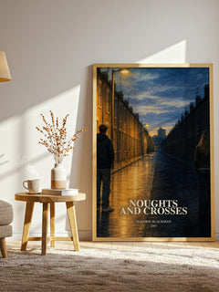 Noughts and Crosses watercolour print in frame leaning in hallway – dystopian wall art