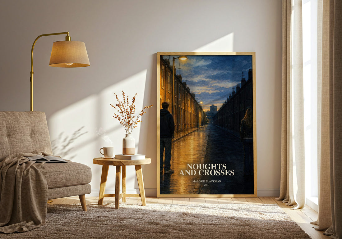 Noughts and Crosses watercolour print in frame leaning in hallway – dystopian wall art