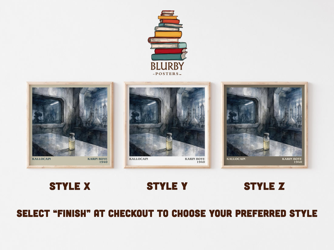 Kallocain literary print in frame leaning in hallway – dystopian wall art (mockup)
