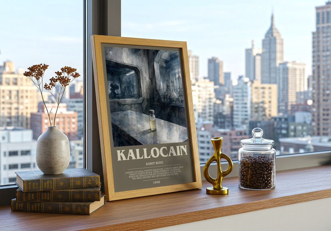Kallocain Bookish Wall Art by Karin Boye – framed print on a city-view windowsill