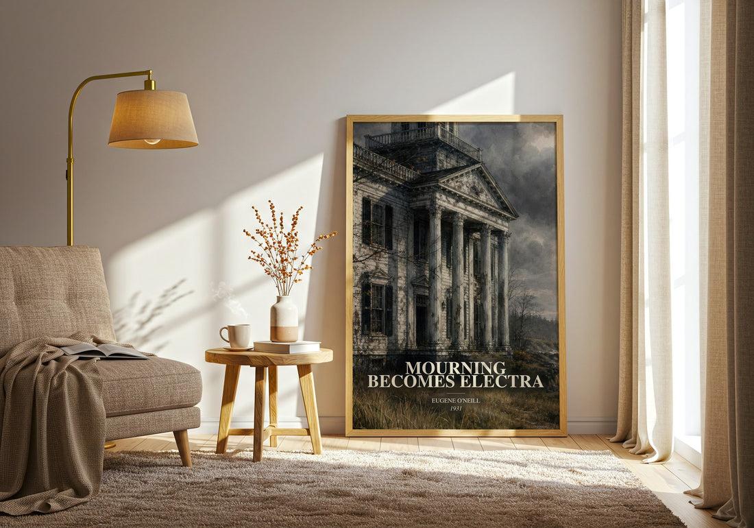 Mourning Becomes Electra watercolour print in frame leaning in hallway – literary fiction wall art