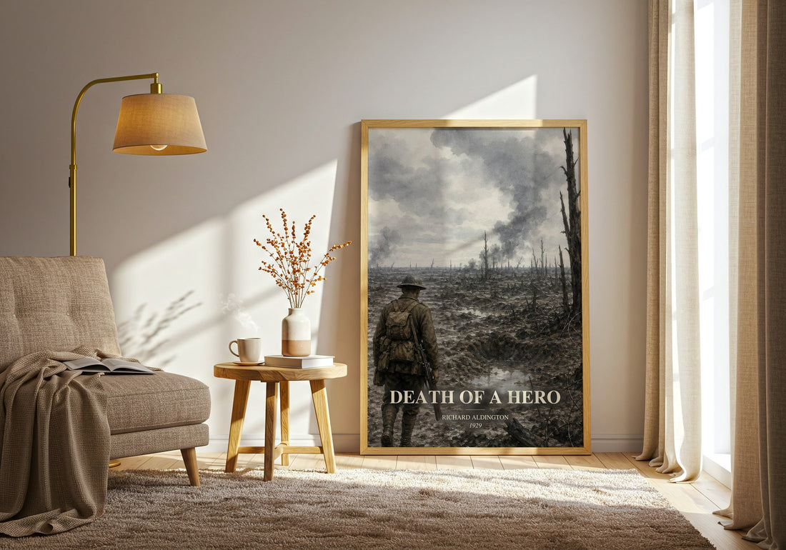 Death Of A Hero watercolour print in frame leaning in hallway – literary fiction wall art