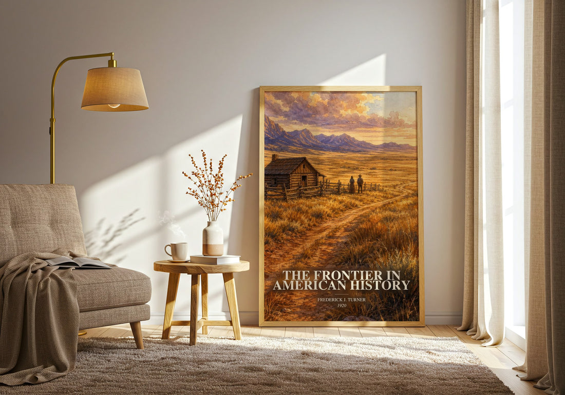 The Frontier in American History watercolour print in frame leaning in hallway – non fiction wall art