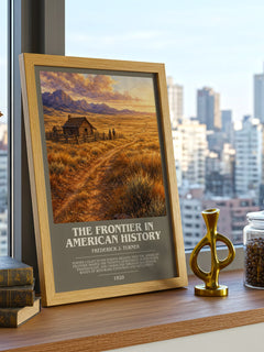 Frontier in American History Bookish Wall Art by Frederick J. Turner – framed print on a city-view windowsill