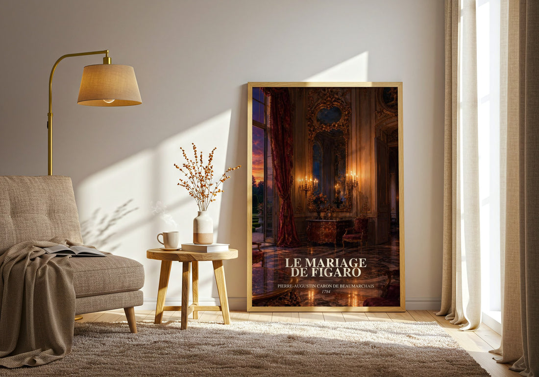 Le Mariage De Figaro watercolour print in frame leaning in hallway – classic literature wall art
