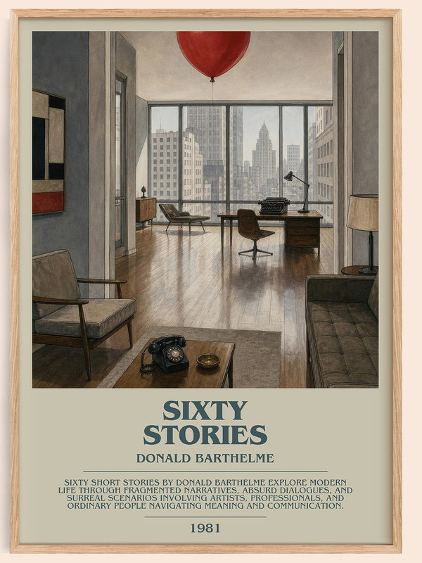 Sixty Stories Bookish Wall Art by Donald Barthelme – framed poster
