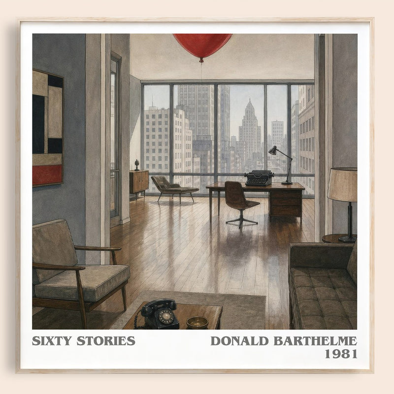 Sixty Stories literary book poster by Donald Barthelme – framed literary art print
