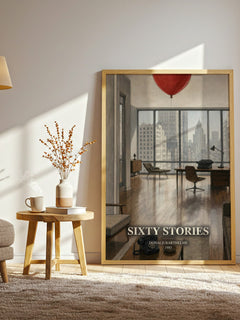 Sixty Stories watercolour print in frame leaning in hallway – literary fiction wall art