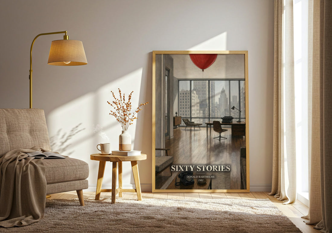 Sixty Stories watercolour print in frame leaning in hallway – literary fiction wall art
