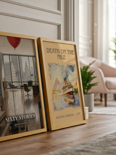 Sixty Stories watercolour print framed by window – literary home decor