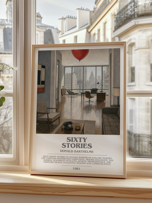Sixty Stories Bookish Wall Art by Donald Barthelme – framed print by a bright window