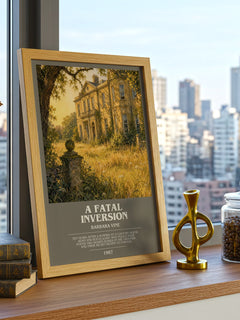 A Fatal Inversion Bookish Wall Art by Barbara Vine – framed print on a city-view windowsill
