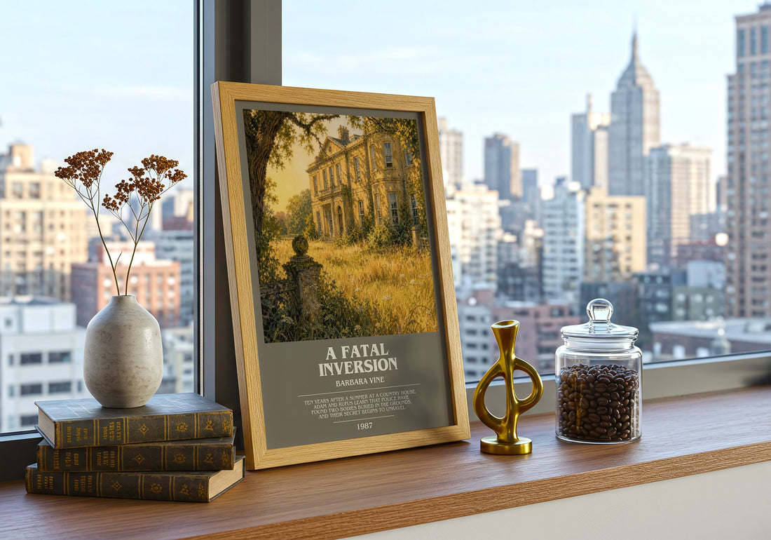 A Fatal Inversion Bookish Wall Art by Barbara Vine – framed print on a city-view windowsill