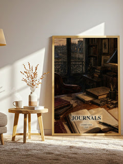 Journals watercolour print in frame leaning in hallway – memoir wall art
