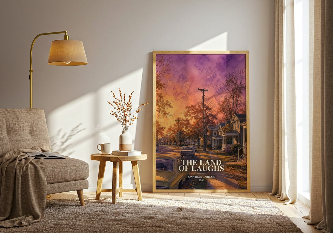 The Land Of Laughs watercolour print in frame leaning in hallway – fantasy wall art