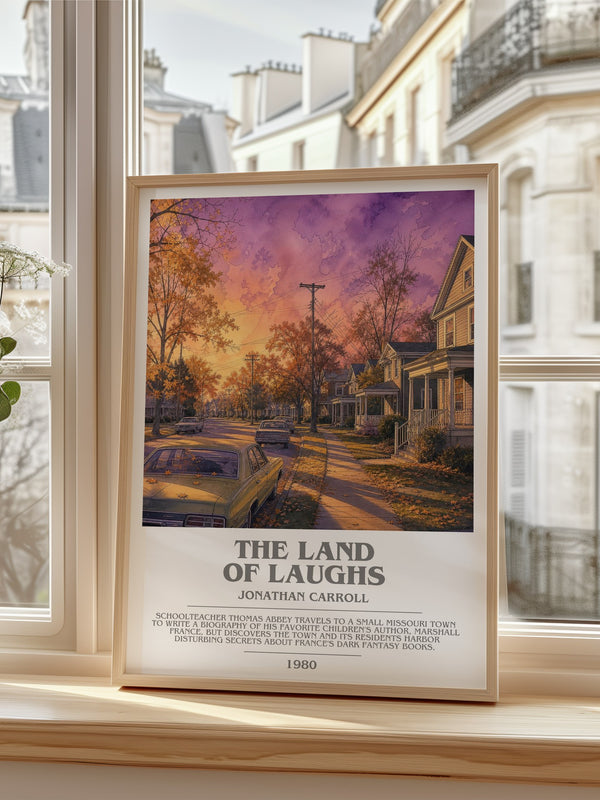 The Land Of Laughs Bookish Wall Art by Jonathan Carroll – framed print by a bright window