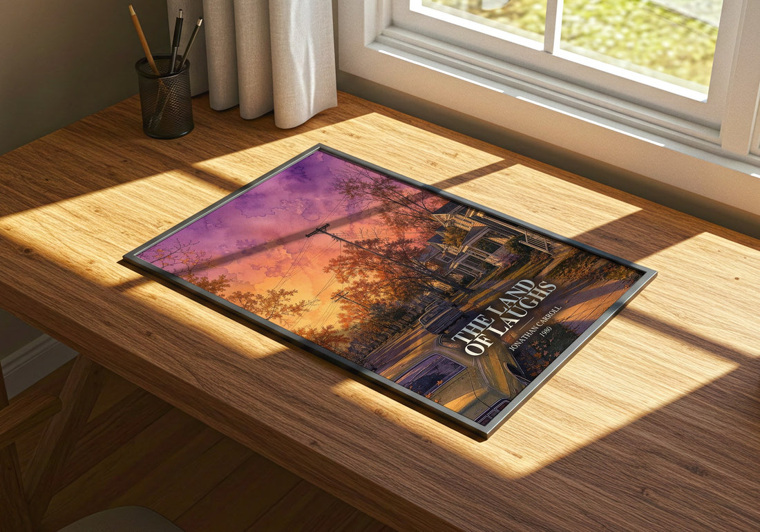 The Land Of Laughs watercolour book poster framed on wall – fantasy wall art