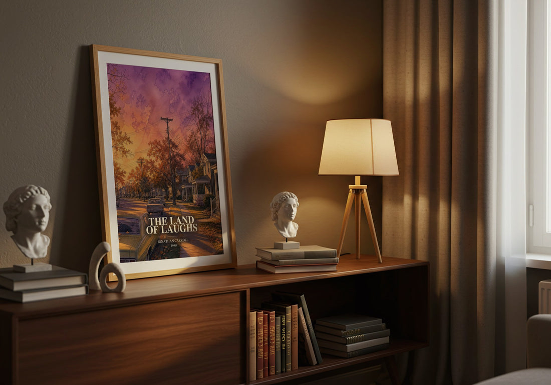 The Land Of Laughs watercolour print on bookshelf – Jonathan Carroll fan gift