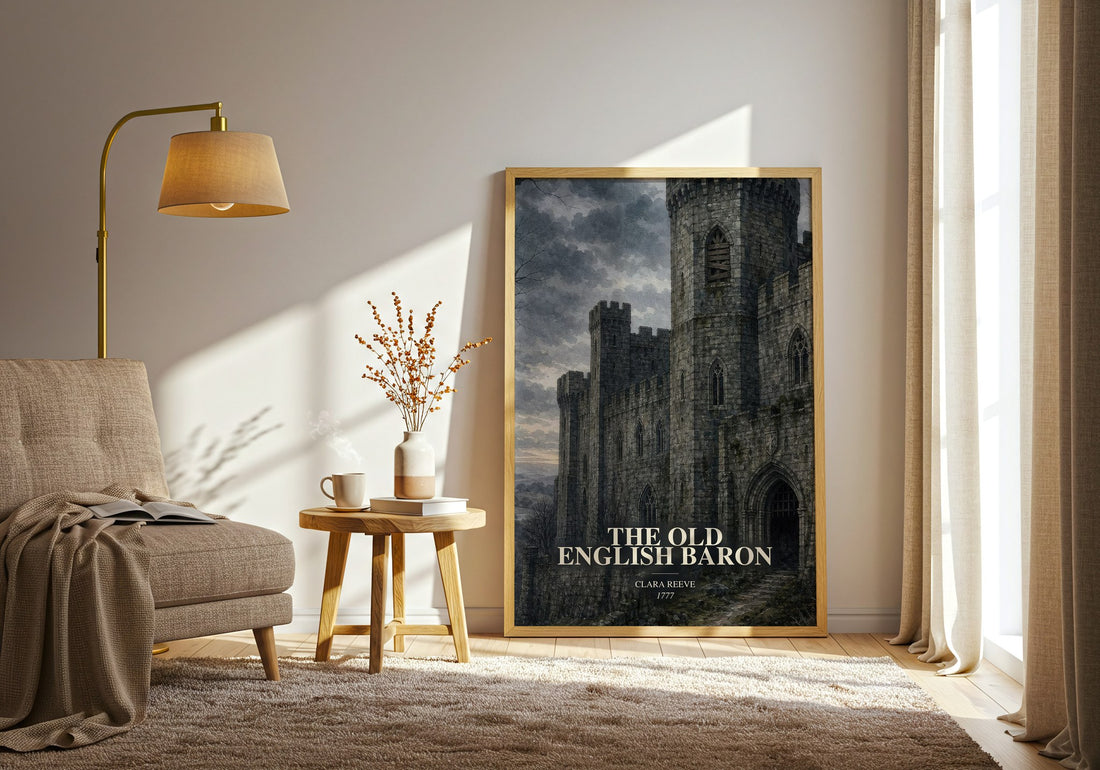 The Old English Baron watercolour print in frame leaning in hallway – gothic wall art