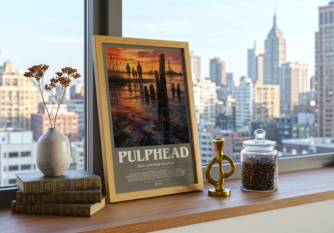Pulphead Bookish Wall Art by John Jeremiah Sullivan – framed print on a city-view windowsill