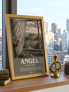 Angel Bookish Wall Art by Elizabeth Taylor – framed print on a city-view windowsill