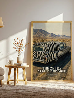 The Zebra Striped Hearse watercolour print in frame leaning in hallway – crime wall art