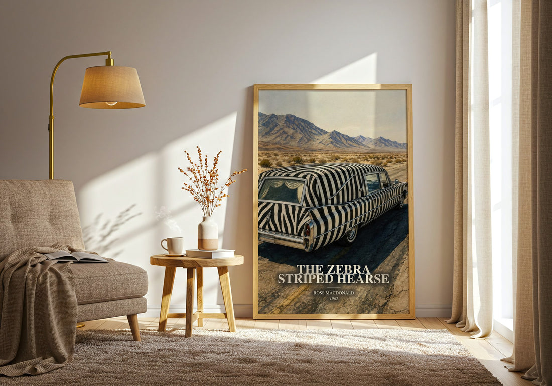 The Zebra Striped Hearse watercolour print in frame leaning in hallway – crime wall art